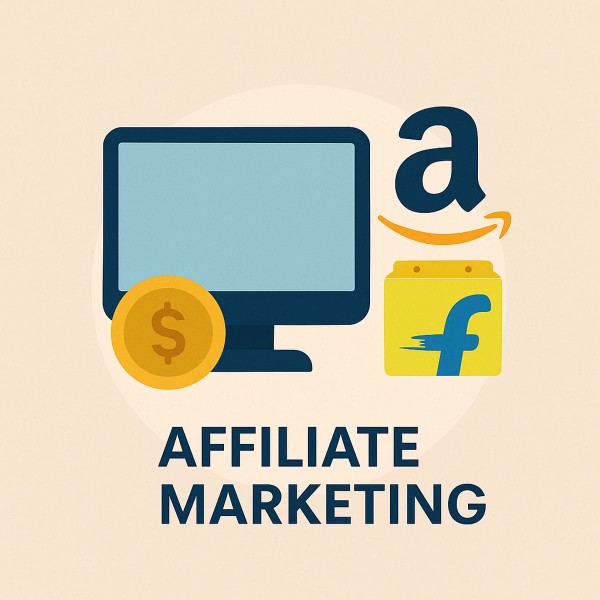 "Mobile screen showing Amazon, Flipkart, and other affiliate logos, representing earning through affiliate marketing platforms."