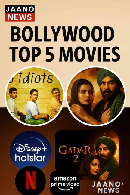 Bollywood top 5 movies poster with Gadar 2, 3 Idiots and OTT logos like Netflix, Hotstar, Amazon Prime. Created by JAANO NEWS.